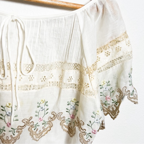 Vtg 70s floral embroidered scallop eyelet lace Oaxacan blouse top peasant boho - Picture 5 of 9
